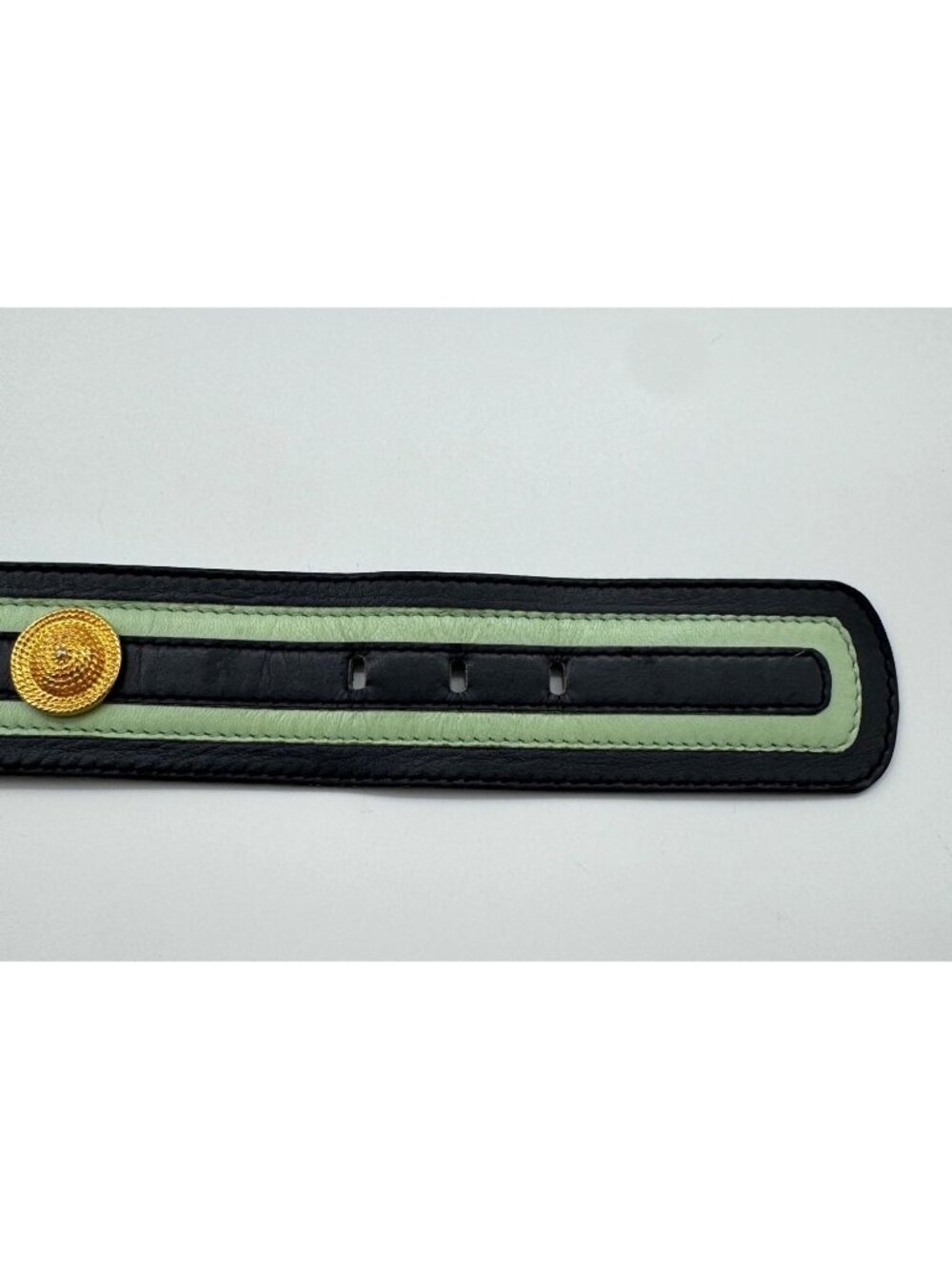 Vintage Escada Belt West Germany Navy/Green Gold Medallion Leather Belt EU 38 /S - Picture 5 of 12